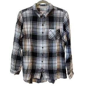 Womens Long Sleeve Button‎ Up Shirt Size Large Black White Plaid Lace Collar